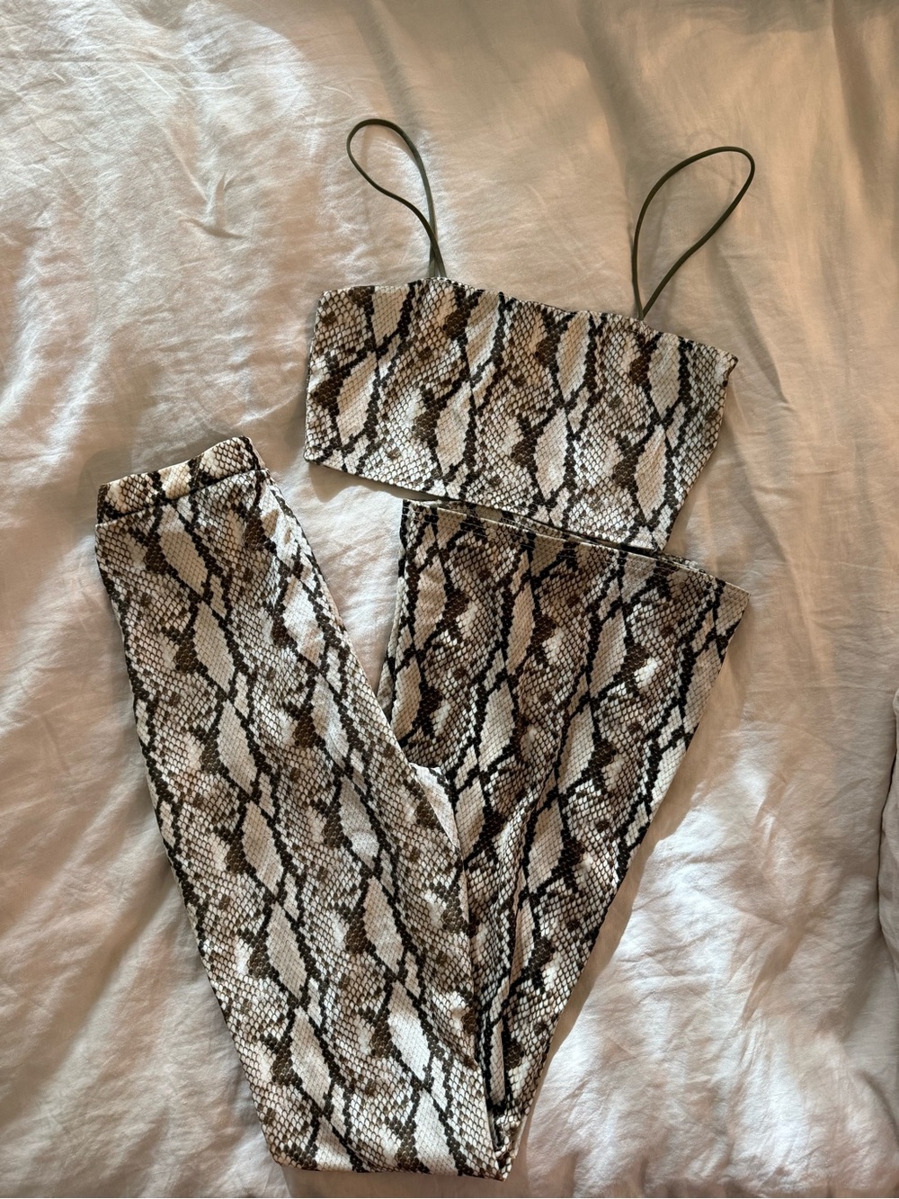 PrettyLittleThing Snake-Print Flared Pant and Crop Top in Brown, Green and Beige